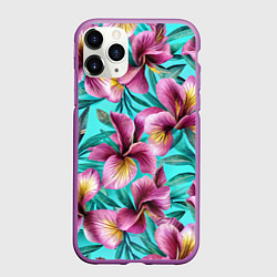 Чехол iPhone 11 Pro матовый Розовые ирисы лианы паттерн, цвет: 3D-фиолетовый