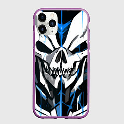 Чехол iPhone 11 Pro матовый Белый череп и синие полосы на чёрном фоне, цвет: 3D-фиолетовый