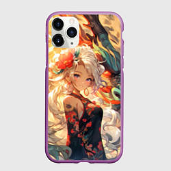 Чехол iPhone 11 Pro матовый Девушка аниме с драконом, цвет: 3D-фиолетовый