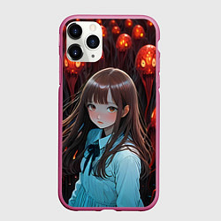 Чехол iPhone 11 Pro матовый Аниме девушка окружённая красными монстрами, цвет: 3D-малиновый