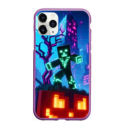 Чехол iPhone 11 Pro матовый Minecraft and halloween - neon glow