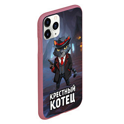 Чехол iPhone 11 Pro матовый Крестный котец в костюме и с пистолетом мем, цвет: 3D-малиновый — фото 2