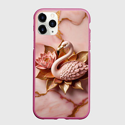 Чехол iPhone 11 Pro матовый Розовый мраморный фламинго и лотос, цвет: 3D-малиновый