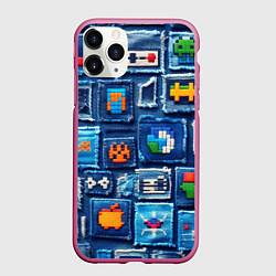 Чехол iPhone 11 Pro матовый Пиксельные символы на пэчворк, цвет: 3D-малиновый