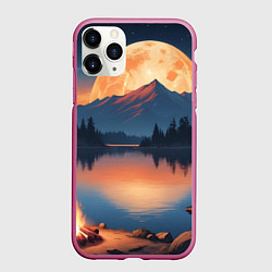 Чехол iPhone 11 Pro матовый Костер на берегу озера, цвет: 3D-малиновый