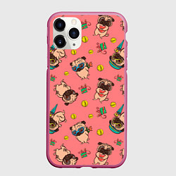 Чехол iPhone 11 Pro матовый Забавные мопсы паттерн, цвет: 3D-малиновый