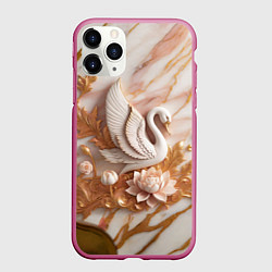 Чехол iPhone 11 Pro матовый Фарфоровый лебедь и лотос на розовом мраморе, цвет: 3D-малиновый