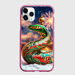 Чехол iPhone 11 Pro матовый Змея на фоне новогоднего кремля, цвет: 3D-малиновый
