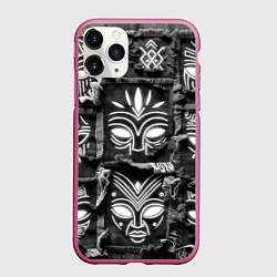 Чехол iPhone 11 Pro матовый Африканские маски на пэчворк дениме, цвет: 3D-малиновый