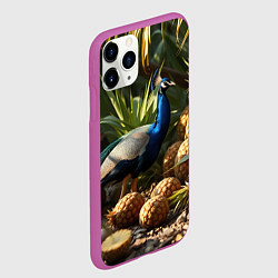 Чехол iPhone 11 Pro матовый Павлин стоящий рядом с ананасами, цвет: 3D-фиолетовый — фото 2