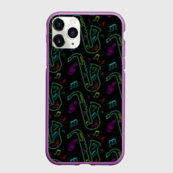 Чехол iPhone 11 Pro матовый Неоновый саксофон и музыкальные ноты, цвет: 3D-фиолетовый