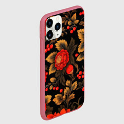 Чехол iPhone 11 Pro матовый Русская хохлома, цветы, паттерн, цвет: 3D-малиновый — фото 2