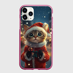 Чехол iPhone 11 Pro матовый Новогодний милый котенок на улице, цвет: 3D-малиновый
