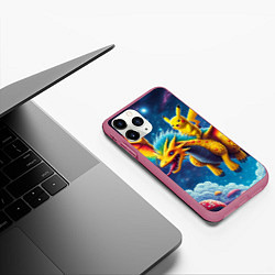 Чехол iPhone 11 Pro матовый Pikachu on a fabulous dragon - neon glow, цвет: 3D-малиновый — фото 2