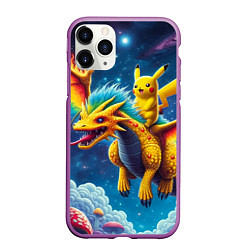 Чехол iPhone 11 Pro матовый Pikachu on a fabulous dragon - neon glow