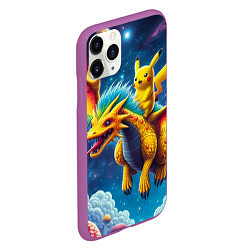 Чехол iPhone 11 Pro матовый Pikachu on a fabulous dragon - neon glow, цвет: 3D-фиолетовый — фото 2