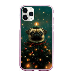 Чехол iPhone 11 Pro матовый Мопс - новогодняя елка, цвет: 3D-розовый