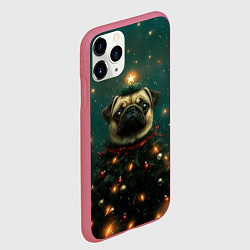 Чехол iPhone 11 Pro матовый Мопс - новогодняя елка, цвет: 3D-малиновый — фото 2