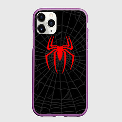 Чехол iPhone 11 Pro матовый Логотип паука на фоне паутины косплей костюм Морал, цвет: 3D-фиолетовый