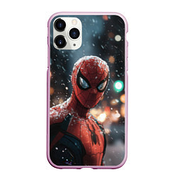 Чехол iPhone 11 Pro матовый Spider man на фоне снегопада