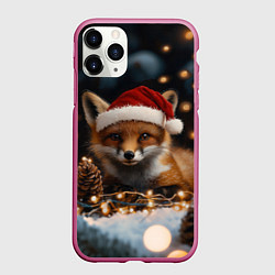 Чехол iPhone 11 Pro матовый Лисица в новогодней шапочке, цвет: 3D-малиновый