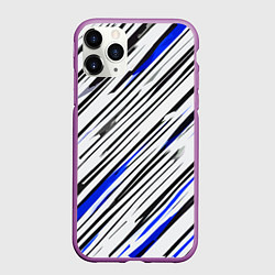 Чехол iPhone 11 Pro матовый Диагональные чёрно-синие полосы на белом фоне, цвет: 3D-фиолетовый