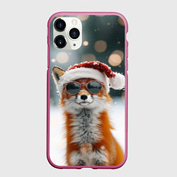 Чехол iPhone 11 Pro матовый Новогодняя лисица в круглых очках, цвет: 3D-малиновый
