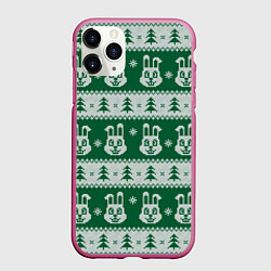 Чехол iPhone 11 Pro матовый Вязаный зимний узор с зайцами и ёлками, цвет: 3D-малиновый