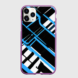 Чехол iPhone 11 Pro матовый Сине-белые линии на чёрном фоне, цвет: 3D-фиолетовый