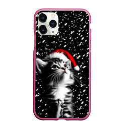 Чехол iPhone 11 Pro матовый Милый котенок - первый снег, цвет: 3D-малиновый