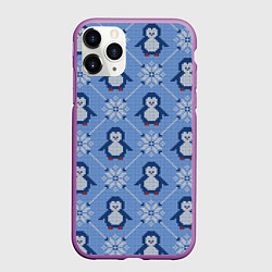 Чехол iPhone 11 Pro матовый Вязаный узор с милыми пингвинами и скандинавским о, цвет: 3D-фиолетовый