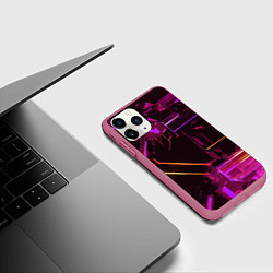 Чехол iPhone 11 Pro матовый Жёлто-розовые полосы на чёрном фоне, цвет: 3D-малиновый — фото 2