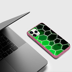 Чехол iPhone 11 Pro матовый Белые шестиугольники на чёрно-зелёном фоне, цвет: 3D-малиновый — фото 2