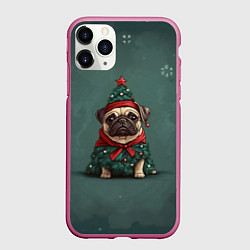 Чехол iPhone 11 Pro матовый Мопс - новогодняя елочка, цвет: 3D-малиновый