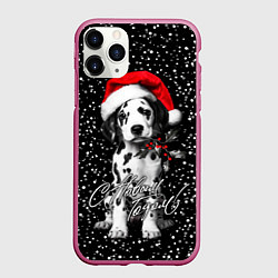 Чехол iPhone 11 Pro матовый Далматинец в шапке Деда Мороза, цвет: 3D-малиновый