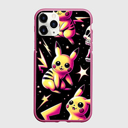 Чехол iPhone 11 Pro матовый Pikachu and skeletons - pattern, цвет: 3D-малиновый