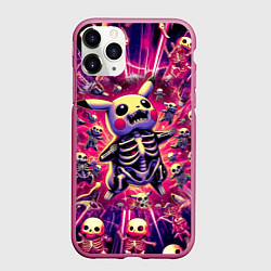 Чехол iPhone 11 Pro матовый Пикачу и скелетики - авангардный паттерн, цвет: 3D-малиновый