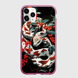 Чехол iPhone 11 Pro матовый Змея красно-белая и падуб остролистный, цвет: 3D-малиновый