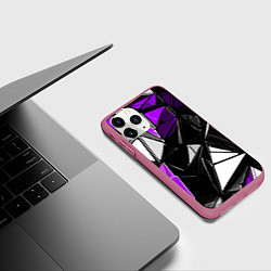 Чехол iPhone 11 Pro матовый Фиолетово-белые рельефные треугольники на чёрном ф, цвет: 3D-малиновый — фото 2