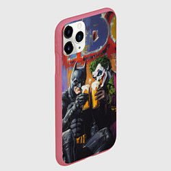 Чехол iPhone 11 Pro матовый Джокер и Бэтмен пьют пиво, цвет: 3D-малиновый — фото 2