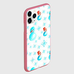 Чехол iPhone 11 Pro матовый Зимний новогодний узор со снеговиками и снежинками, цвет: 3D-малиновый — фото 2