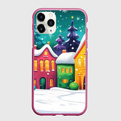 Чехол iPhone 11 Pro матовый Разноцветный новогодний двор, цвет: 3D-малиновый