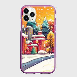Чехол iPhone 11 Pro матовый Новогодний город в оранжевых оттенках, цвет: 3D-фиолетовый