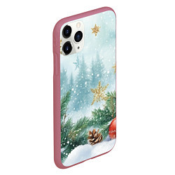 Чехол iPhone 11 Pro матовый Золотые снежинки - новогодний фон, цвет: 3D-малиновый — фото 2