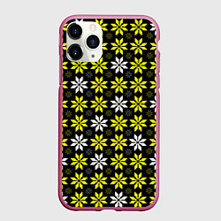 Чехол iPhone 11 Pro матовый Жёлто-белые звёзды на чёрном фоне, цвет: 3D-малиновый