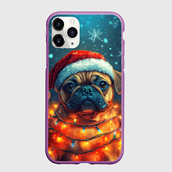 Чехол iPhone 11 Pro матовый Бульдог новогодний в гирлянде, цвет: 3D-фиолетовый