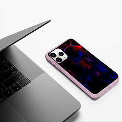 Чехол iPhone 11 Pro матовый Красно-синие точки и линии на чёрном фоне, цвет: 3D-розовый — фото 2