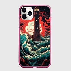 Чехол iPhone 11 Pro матовый Маяк и волны в японском стиле, цвет: 3D-малиновый