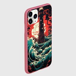 Чехол iPhone 11 Pro матовый Маяк и волны в японском стиле, цвет: 3D-малиновый — фото 2