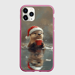 Чехол iPhone 11 Pro матовый Новогодняя выдра с кружкой кофе, цвет: 3D-малиновый
